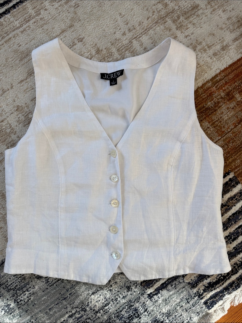 J.Crew White Linen Button-Front Sleeveless Vest